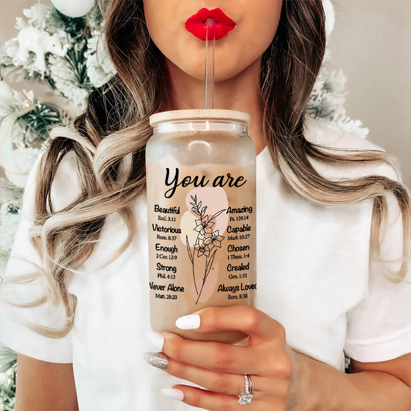 Personalized Birth Flower Bible Quotes Glass Cup with Lid and Straw Custom Text Coffee Cup Christian Inspirational Mother's Day Gift for Women 