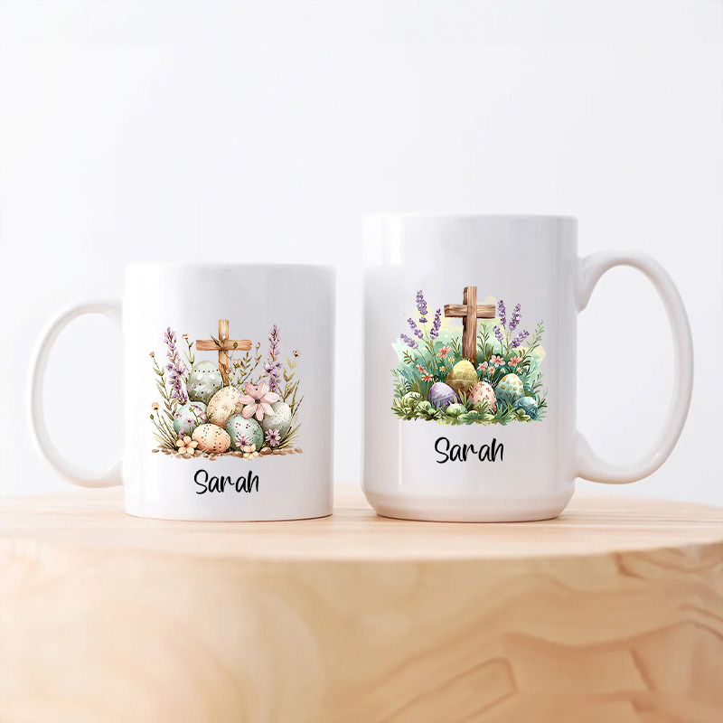 Personalized Colorful Eggs Floral Cross Ceramic Mug with Name Easter Gift Birthday Gift for Boys and Girls