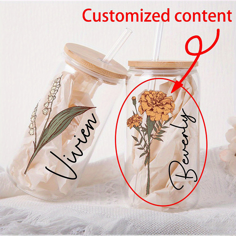 Personalized Birth Flower Glass Tumbler with Straw Custom Mother's Day Gift for Mom Bridesmaid Proposal, Party Favor, Gifts for Her