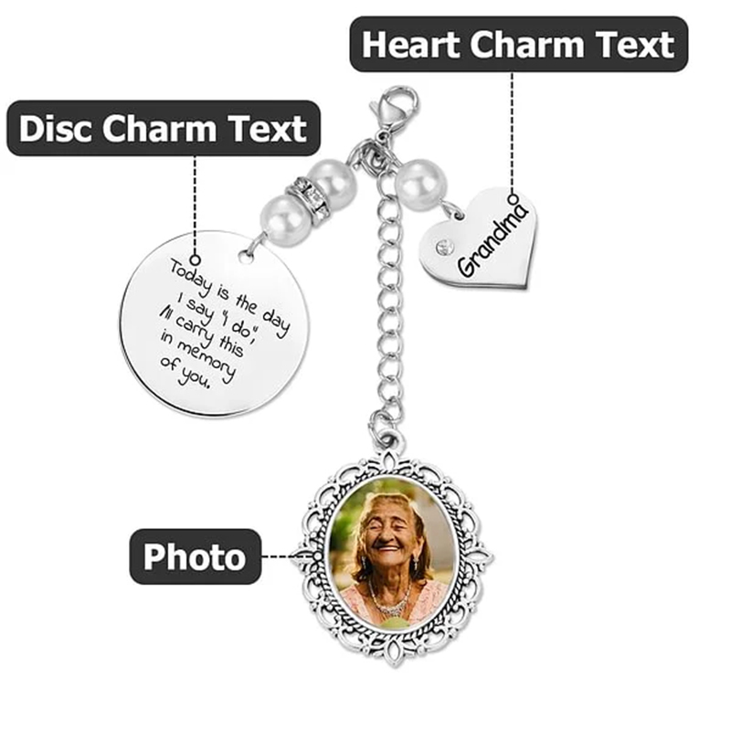 Personalized Lace Oval Photo Bouquet Charm with Heart Engraved Pendant Memorial Wedding Gift for Bride