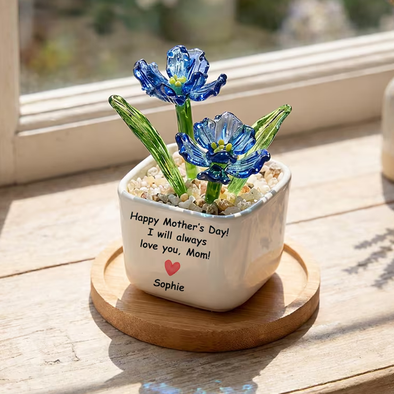 Personalized Glass Everlasting Birth Flowers Potted Mom Flower Gift Hand Blown Glass Potted Mothers Day Gifts Gift for Mom Grandma Aunties Sisters