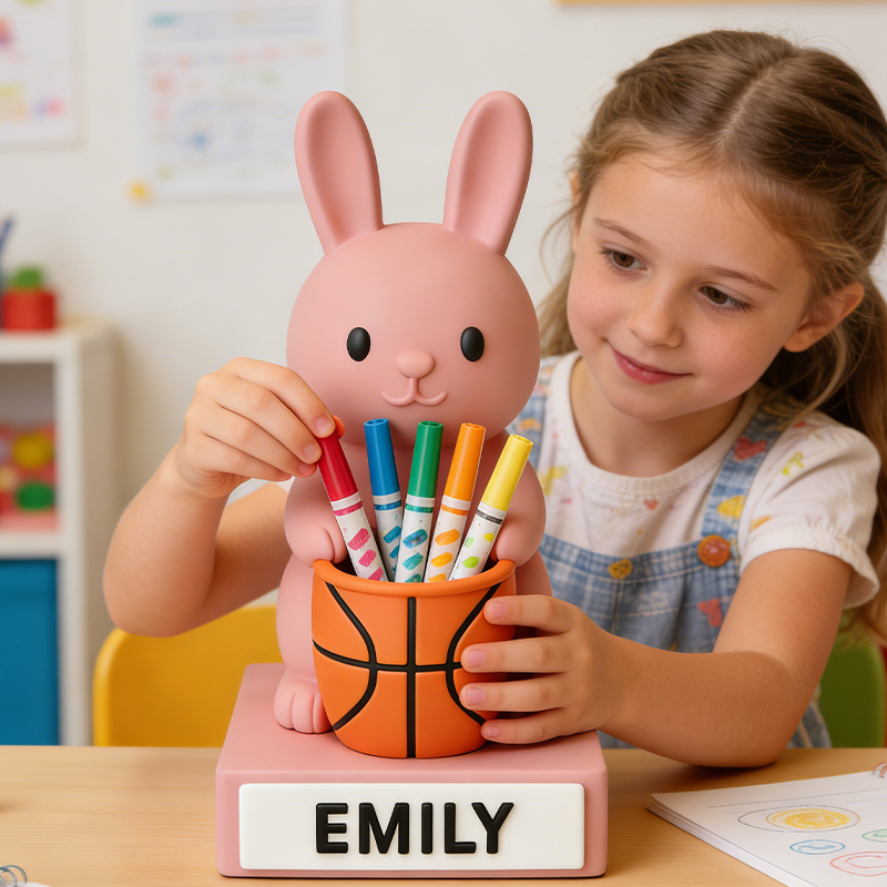 Personalized Basketball Bunny 3D Printed Pen Holder with Custom Name for Kids and Students