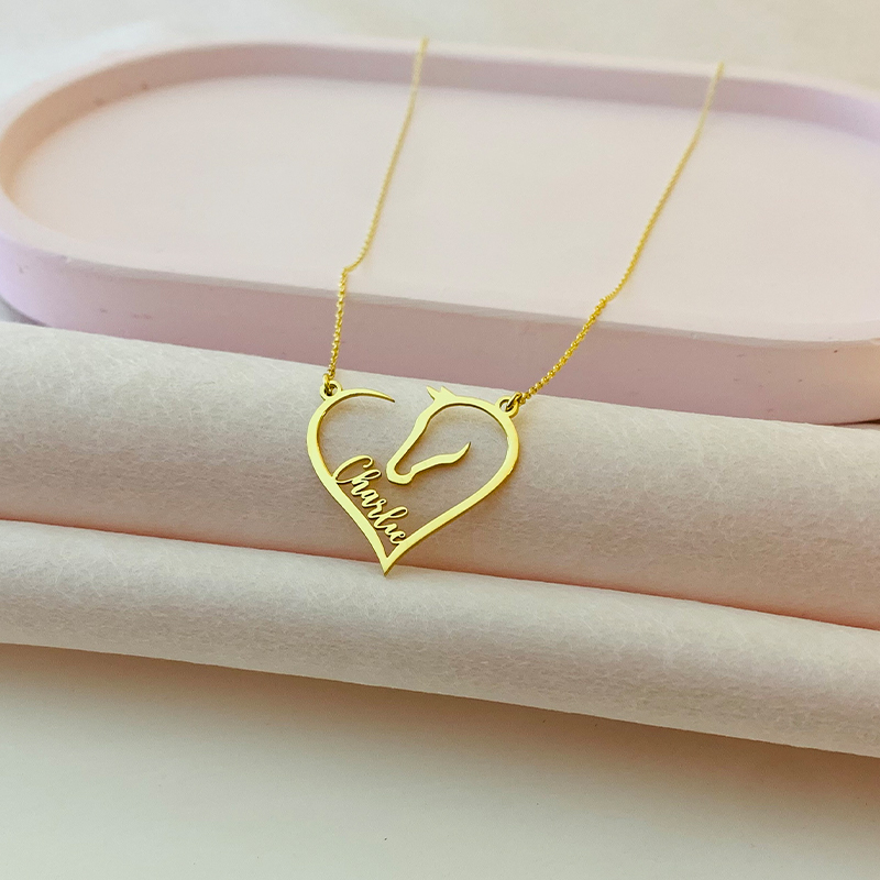 Personalized Heart Horse Head Necklace Custom Name Equestrian Jewelry for Horse Lovers