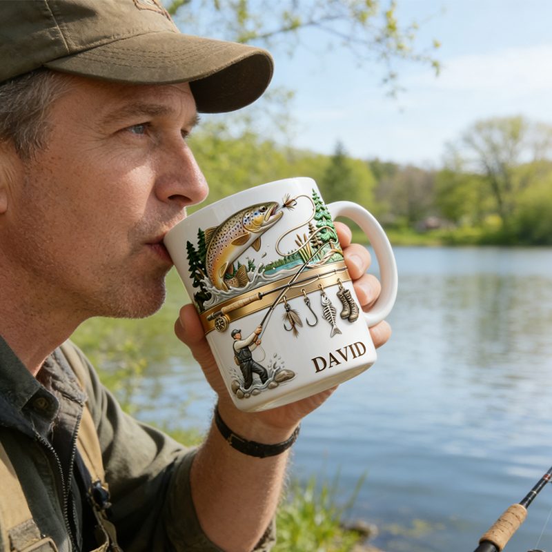 Personalized Fisherman and Fishing Gear Mug with Custom Name Tea Cup for Dad Grandpa or Fishing Lovers