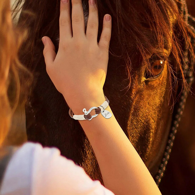 Personalized Equestrian Horsebit Leather Bracelet with Name Horse Lovers Jewelry