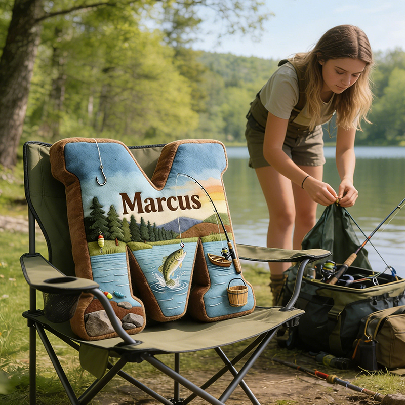 Personalized Fishing Letter Pillow with Custom Name Nature Themed Cushion for Outdoor and Fishing Lovers