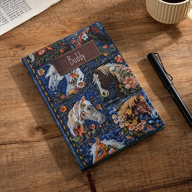Personalized Faux Embroidered Horse Chicken Cow Flower Denim Journal Notebook with Text and 100 Lined Pages Daily Use Birthday Gift for Women
