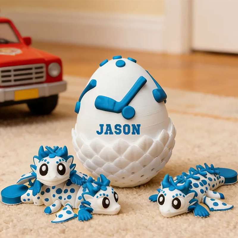 Personalized 3D Printed Ice Hockey Dragon and Egg Toy Set with Custom Name for Kids 