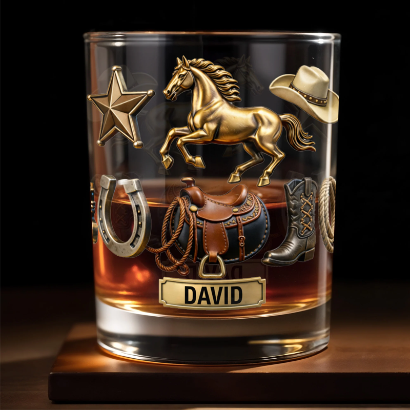 Personalized Classic Western Theme Horse and Cowboy Gear Personalized Custom Whiskey Glass Gift for Dad and Horse Lovers