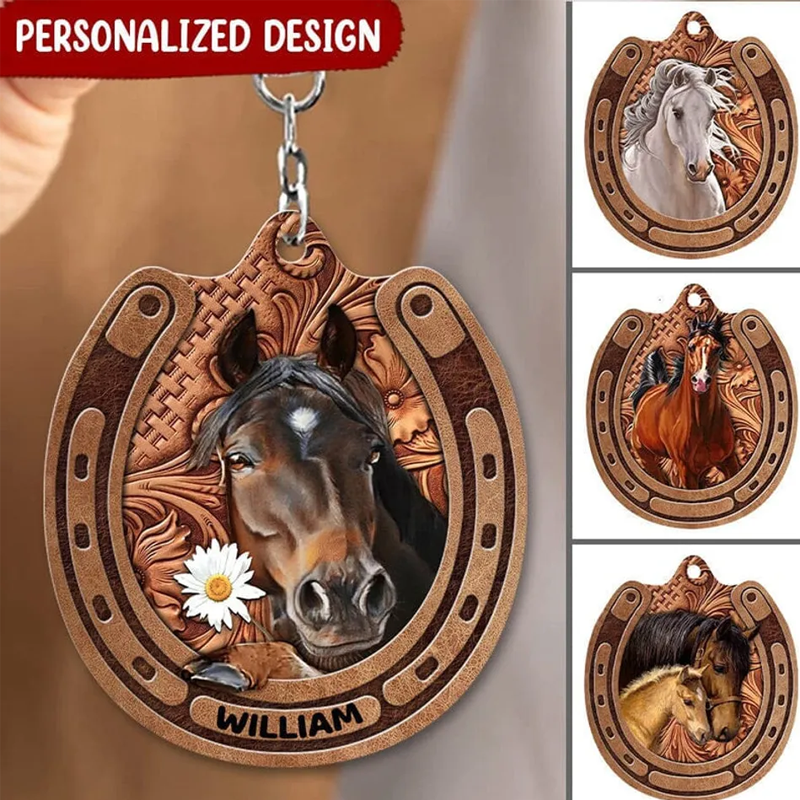 Personalized Love Horse Breeds Custom Name Leather Pattern Keychain Gift for Dad and Horse Lovers
