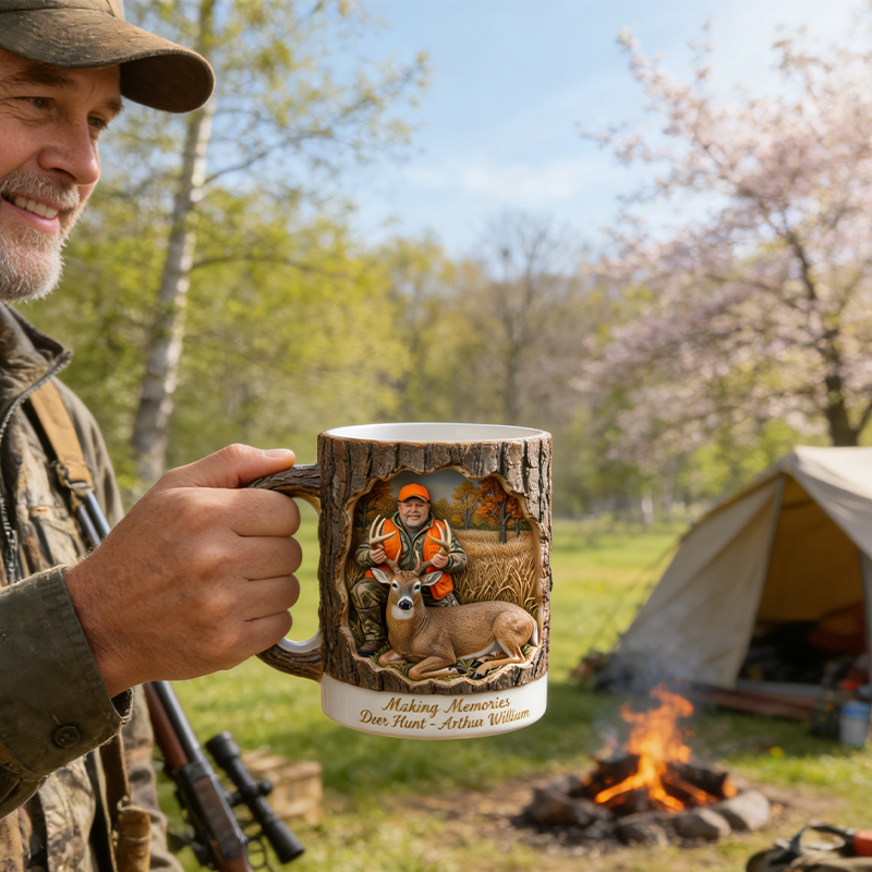 Personalized Hunting Scene Mug Custom Face Deer Hunt Present for Husband Dad Boyfriend