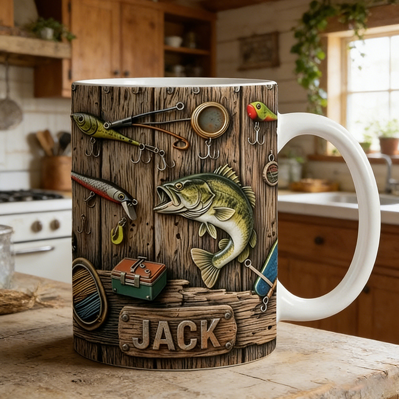 Personalized Fishing Mug Custom Wood Texture Lure Theme Ceramic Cup for Anglers  