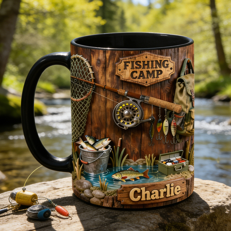 Personalized Fishing Camp Mug Custom Name Outdoor Coffee Cup for Anglers
