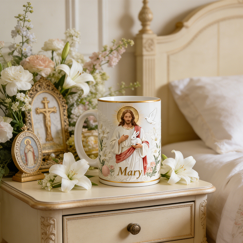 Personalized Jesus and Bunny Christian Easter Mug with Lily Floral Design Custom Name Gift for Religious Gift