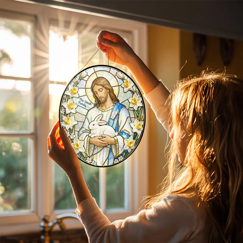 Personalized Christian Sun Catcher Jesus With Bunny Glass Suncatcher Ornament for Easter Window Display Unique Religious Gift