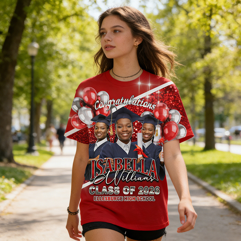 Personalized All Over Print Congratulations Grad Photo T-Shirt Custom School Name and Graduate Name Class of 2026 Shirt