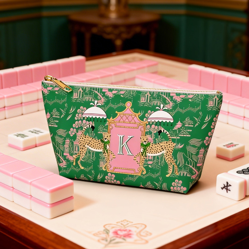 Personalized Mahjong Zip Bag Tile Pouch Travel Tech Game Bag Chinoiserie Preppy Large Monogram Letter Initial Dice Toile