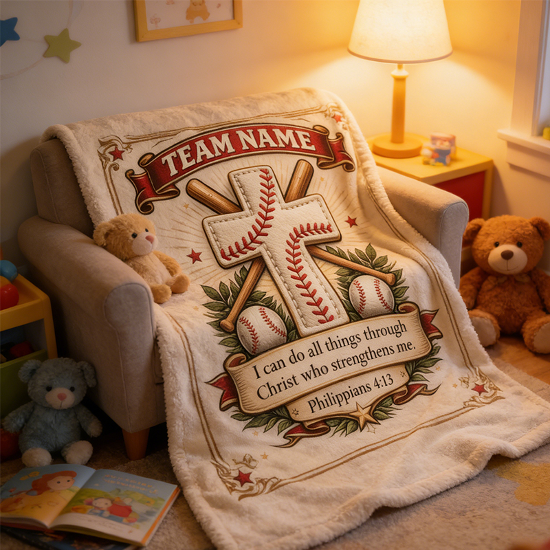 Personalized Baseball Blanket with Family Name and Inspirational Verse for Sports Enthusiasts and Believers Alike