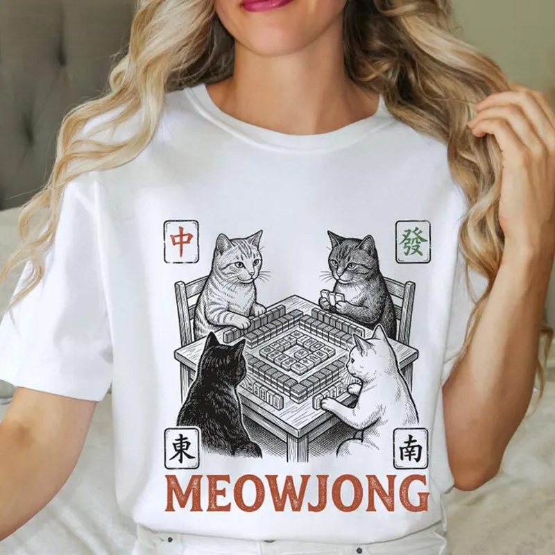 Meowjong Cat Mahjong Shirt Funny Cat Lover Tee Mahjong Cat Graphic Comfort Colors Vintage Style Cat Game Gift for Cat Lovers