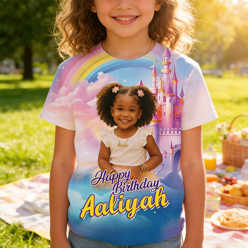 Personalized Princess Castle Birthday All-Over Print T-Shirt Custom Photo and Name Kids Birthday Gift for Little Princess