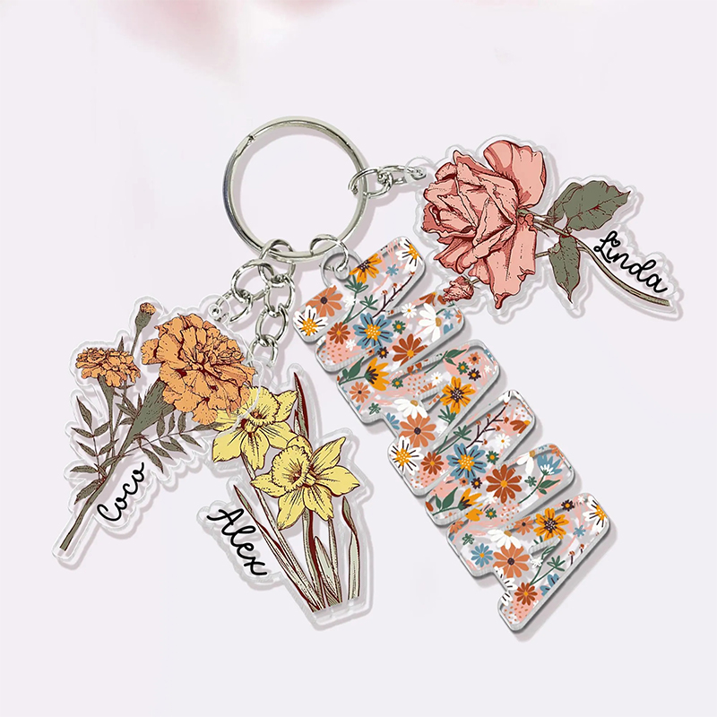 Personalized Mother's Day Gift For Mom Custom Grandma Keychain With Birth Month Flowers Charm Mama Keychain Gift From Kids Grandma Gifts