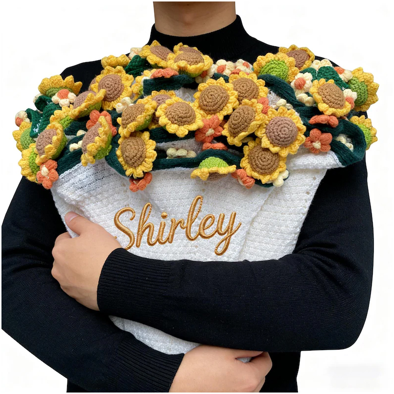 Personalized Crochet Sunflower Bouquet Blanket Custom Name Floral Edge Knit Throw for Her Anniversary Birthday Mother's Day Gift 