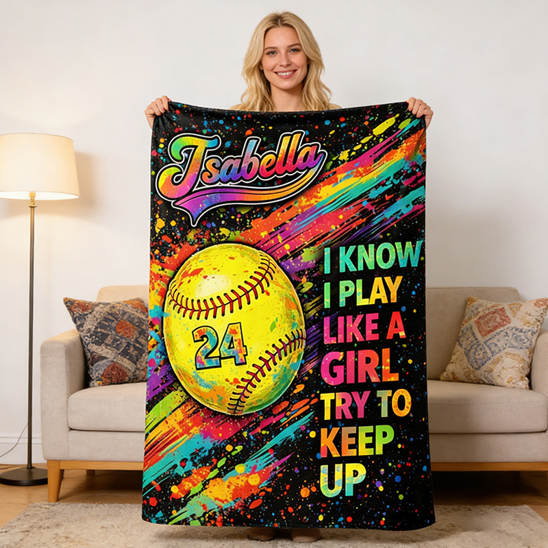 Personalized Softball Blanket with Custom Name and Jersey Number for Girls Who Love the Game