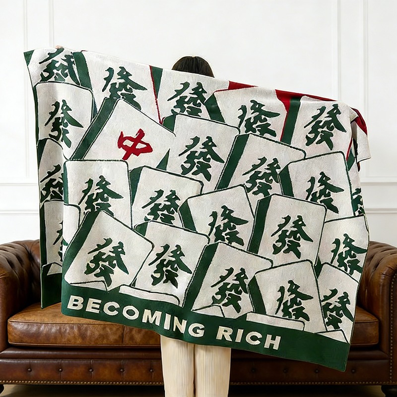 Personalized Lucky Mahjong Throw Blanket Custom 發 中 Tile Print Cozy Blanket for Mahjong Enthusiasts