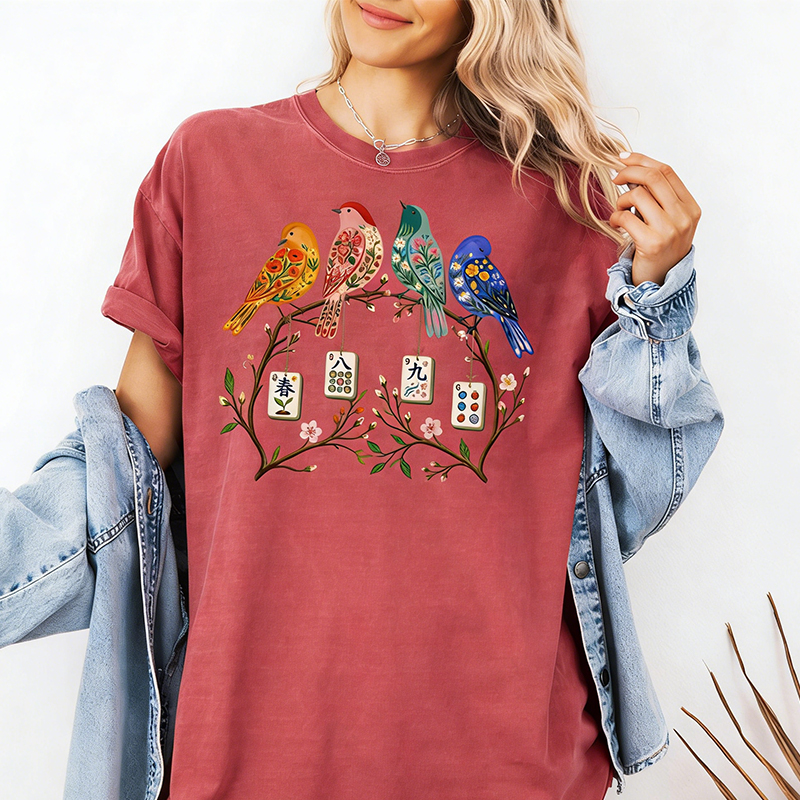 Mahjong Bird on Tile Branch T-Shirt Spring Mahjong Shirt Girls Night Game Mahjong Love Spring Mahjong Bird Shirt Mother's Day Gift for Mahjong Lover Mama