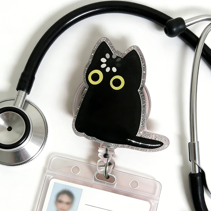 Personalized Black Cat Loading Badge Reel Funny Void Cat Meme Retractable ID Holder for Medical and Office Staff