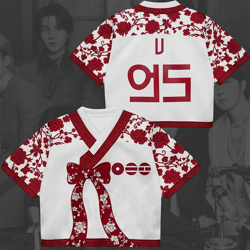 Personalized K-Pop Fan Jersey Red Floral Hanbok Style Mesh Crop Jersey Concert Jersey for Fans
