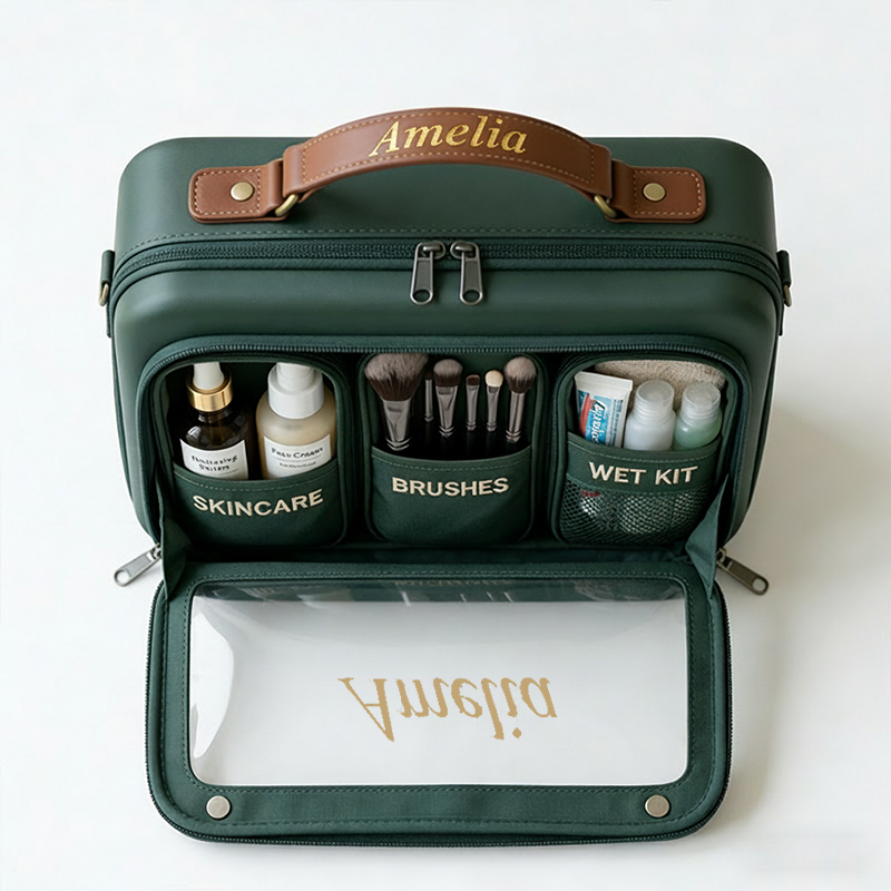Personalized Travel Toiletry Bag  for  Women  Custom Name Makeup Organizer with Clear Window Waterproof Cosmetic Case Gift for Traveler
