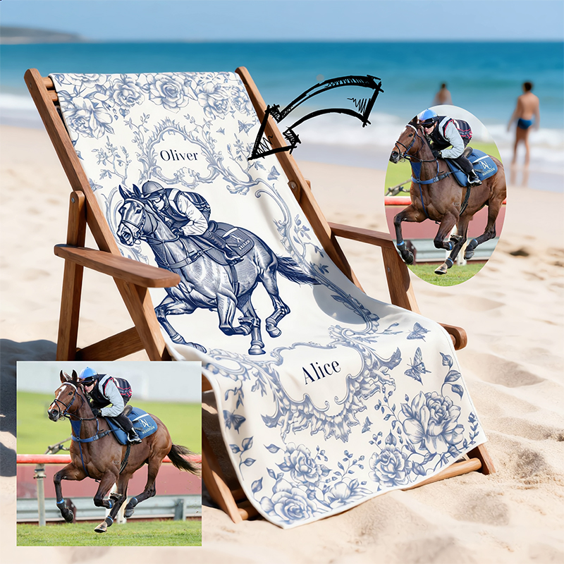 Personalized Vintage Floral Horse Racing Beach Towel Custom Names Derby Day Beach Towel for Equestrian Lovers