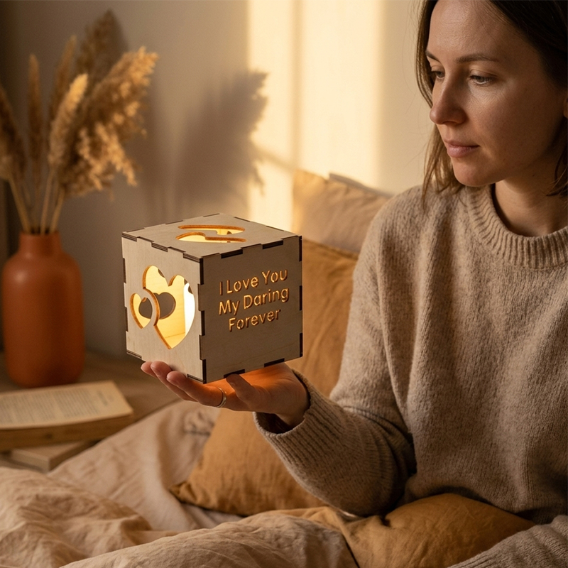 Personalized Mothers Day Gift Heart Cutout Wooden Night Light Custom Text Projection Lamp for Mom