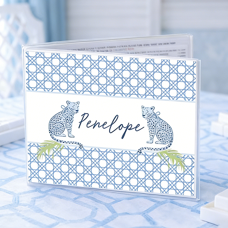 Personalized Blue Rattan Cheetah Mahjong Tile Cover Custom Name Tropical Palm Mahjong Tile Cover for Game Nights