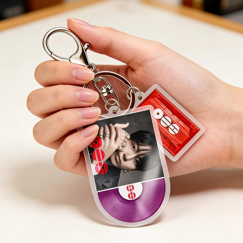 Personalized BTS Member Acrylic Keychain K-Pop Vinyl Record Cassette Charm Bangtan Boys Merch Gift for ARMY Cute Key Accessory Red Purple Vinyl Keyring