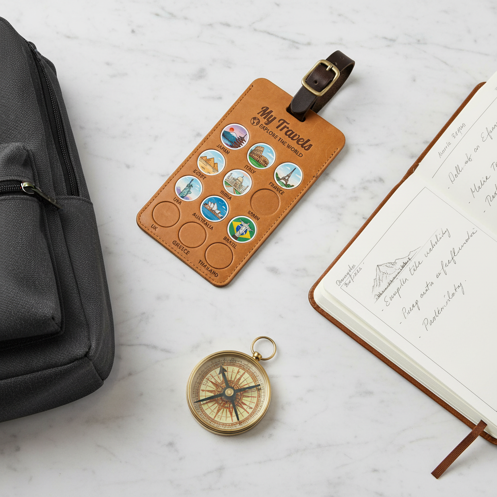 Personalized Travel Luggage Tag with Name DIY Country Sticker Travel Tracker Leather Passport Tag Gift for Travelers Custom Adventure Keepsake