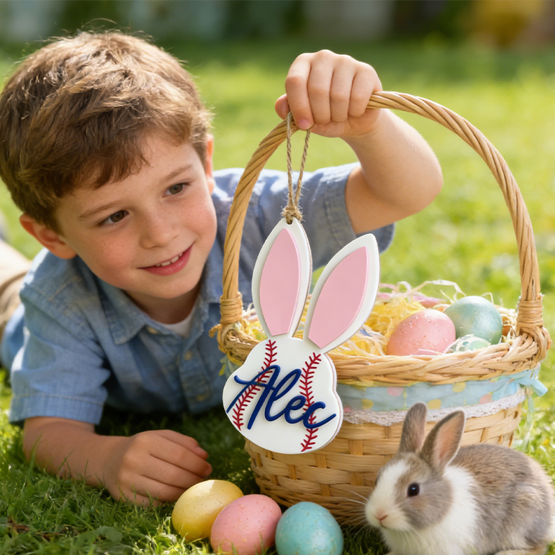 Personalized Baseball Easter Basket Tag Custom Name Bunny Label Gift for Kids on Easter Day
