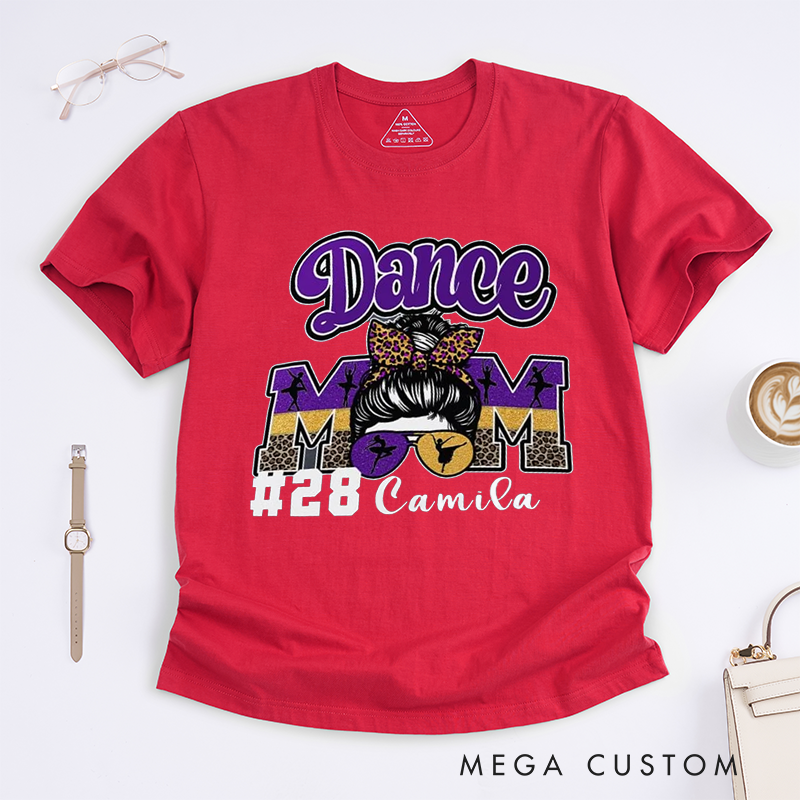 Personalized Dance Mom T-Shirt Custom Dance Team Name Number Gift for Women Cute Leopard Print Hair Bow Dance Mama for Dance Mom Support