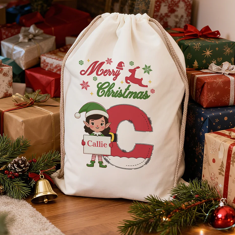 Personalized Christmas Elf Drawstring Canvas Gift Bag with Name and Initial Christmas Party Gift 