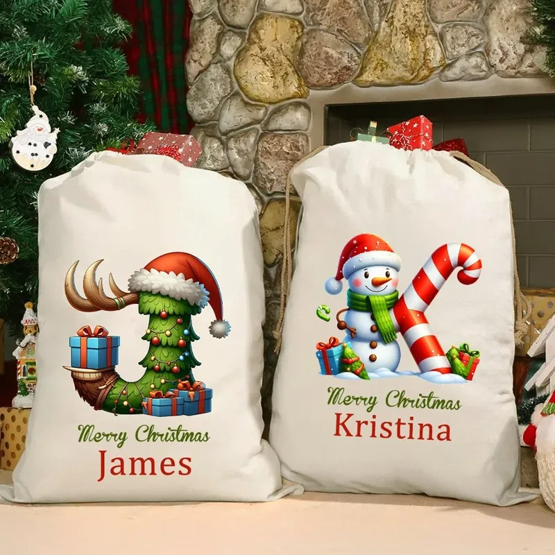 Personalized Christmas Tree Snowman Elf Igloo Drawstring Canvas Gift Bag with Name Initial Christmas Party Favors Gift