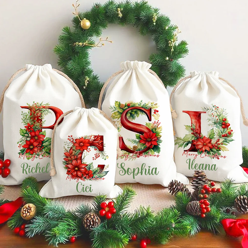 Personalized 3D Floral Initial Christmas Sack Drawstring Treat Bag with Name Christmas Party Favor Gift