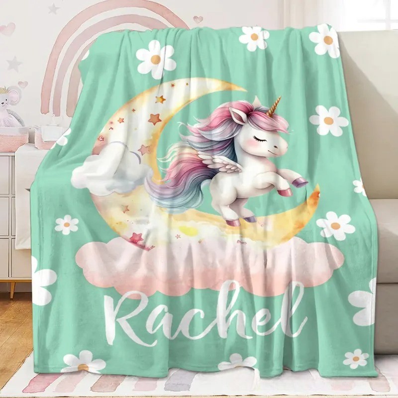 Personalized Dream Horse Dreamy Moon Soft Throw Blanket with Name Home Decor Birthday Baby Shower Gift for Girls