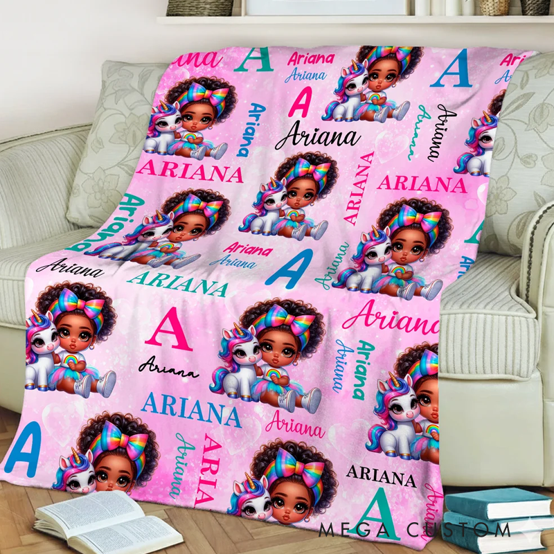 Personalized Cartoon Black Character Fantasy Unicorn Rainbow Soft Throw Blanket with Name Home Decor Birthday Christmas Gift for Boys Girls