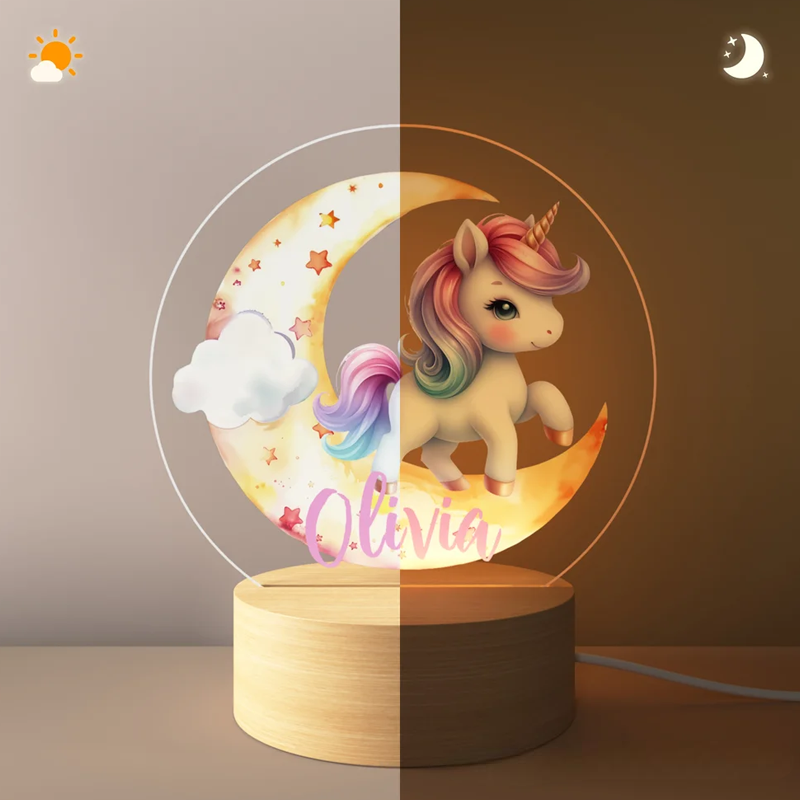Personalized LED Night Light with Name Dream Horse Baby Pattern Room Decoration with Wooden Base Christmas Birthday Baby Shower Gift for Girl