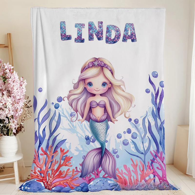 Personalized Fantasy Mermaid Underwater World Soft Throw Blanket with Name Home Decor Birthday Gift for Girls