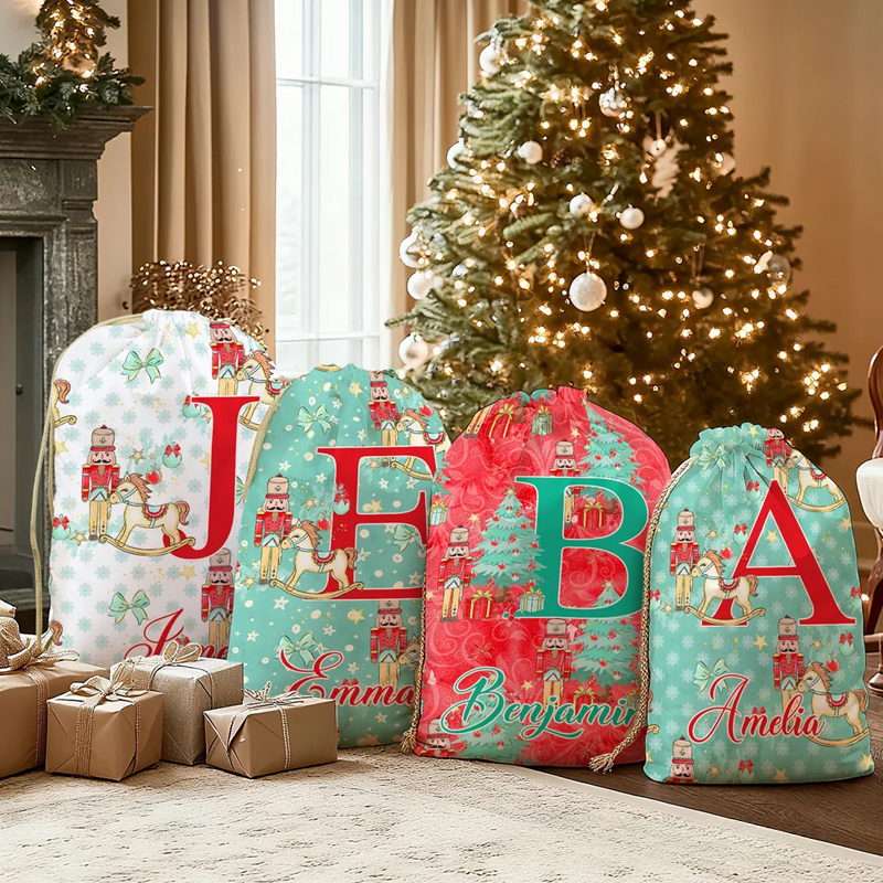 Personalized Christmas Tree Cartoon Nutcracker Canvas Drawstring Gift Bag with Name and Initial Christmas Gift 