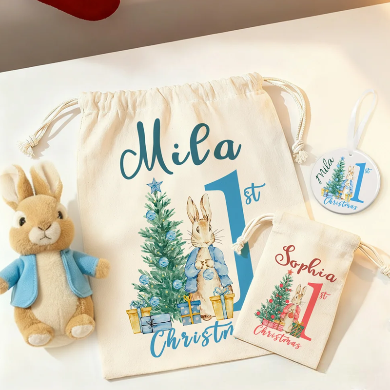 Personalized First Christmas Santa Claus Peter Rabbit Drawstring Canvas Gift Bag with Name Christmas Gift for Baby Family