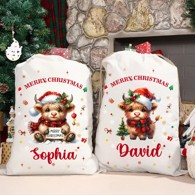 Personalized Cartoon Christmas Hat Highland Cow Christmas Bag with Name Christmas Gift for Family Friends
