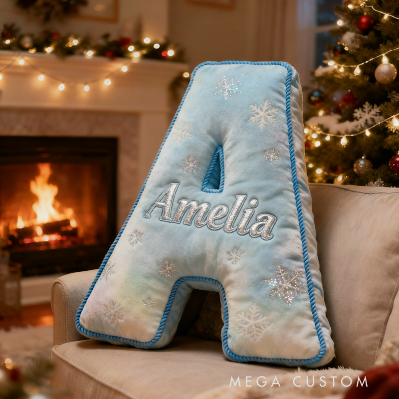 Personalized Blue Snowflakes Initial Pillow with Name Christmas Gift for Kids